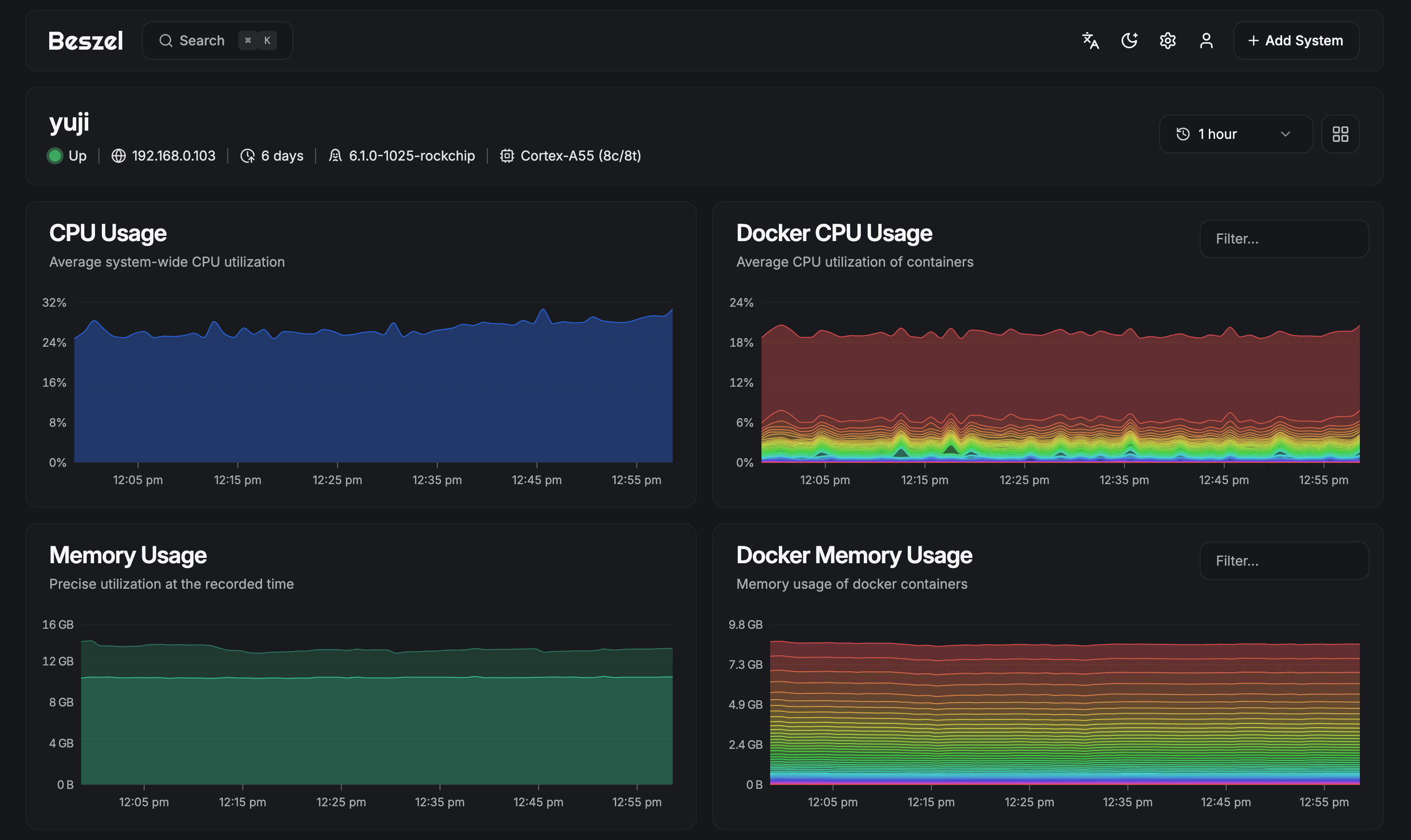 Beszel dashboard showing system metrics