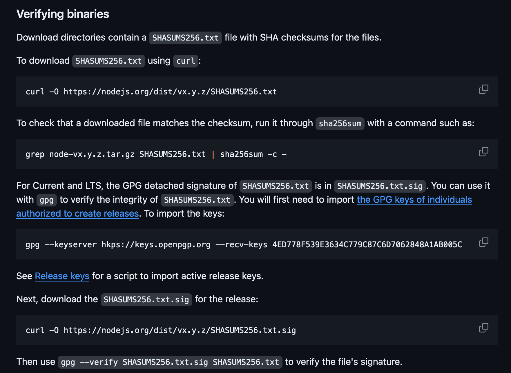 Nodejs repository verify binaries section