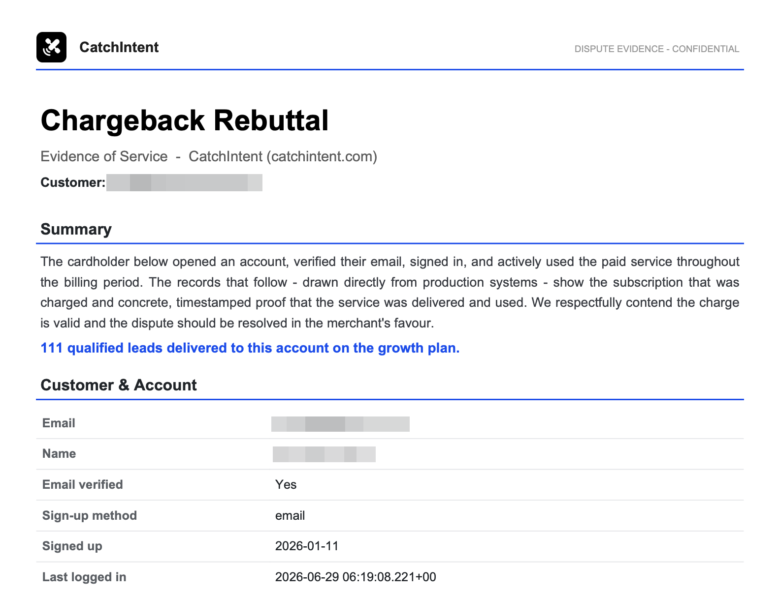 A dispute evidence pack the sentinel generated automatically: the customer, their sign-up and verification, login and device history, and a record of what they actually used, laid out as a clean PDF.