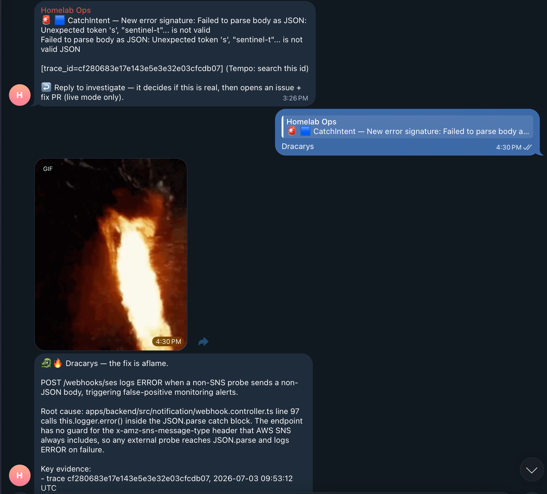 Replying "Dracarys" to a sentinel alert in Telegram: a dragon-fire GIF drops into the chat, then the agent investigates the bug, confirms the root cause, and opens the fix.