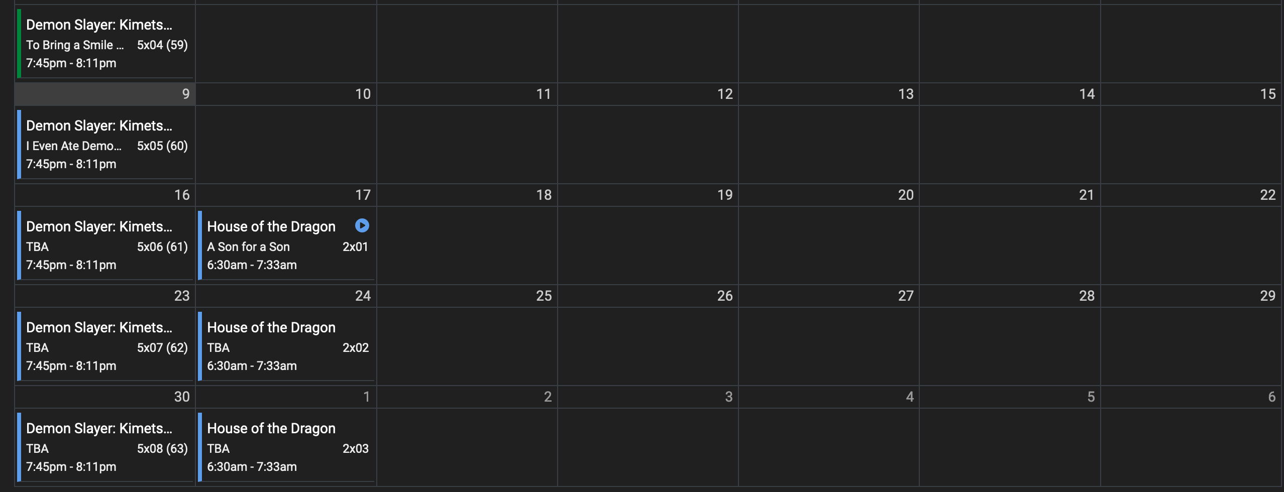 Calendar view in Sonarr showing the upcoming TV shows / Animes