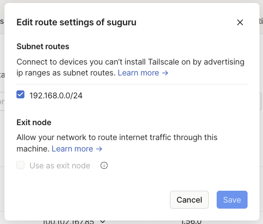 Edit route settings for a device in Tailscale