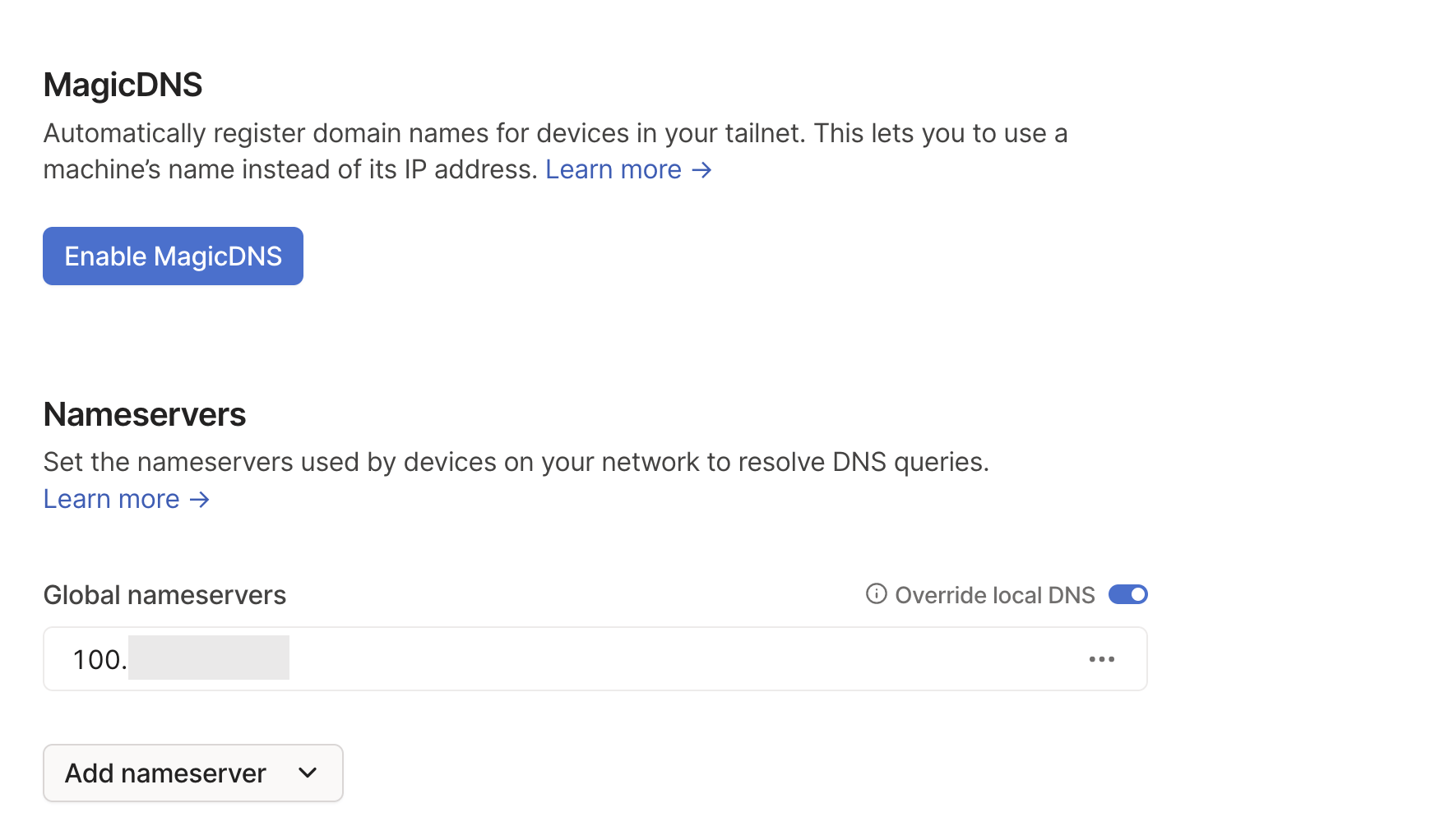 DNS settings for Tailscale